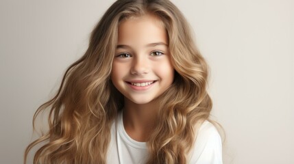 Naklejka premium Portrait of a beautiful smiling young girl with long blond hair