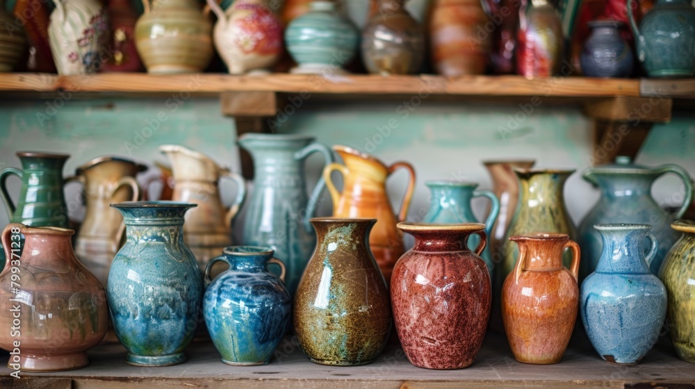 Poster many different colored vases on a shelf