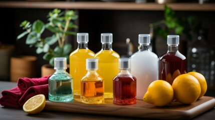 Different types of colorful cleaning products with a lemon and towel