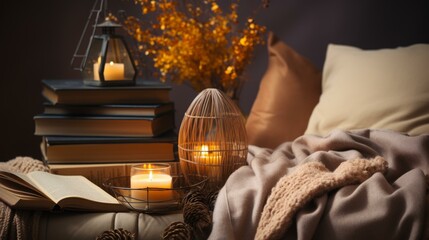 cozy home interior with books and candles