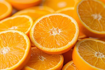 Vivid image showcasing multiple freshly sliced oranges closely packed, highlighting their juicy segments and vibrant orange color.