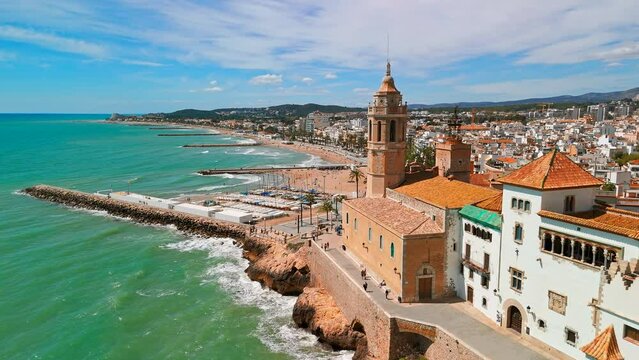 Aerial view of Sitges coastal town in Catalonia, Spain