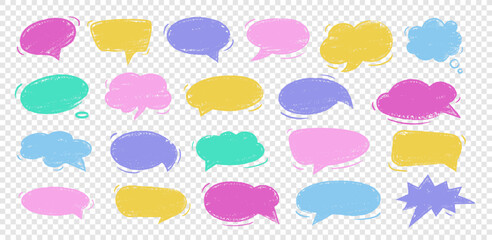 Empty colorful hand drawn grunge crayon, charcoal, chalk speech bubbles set in doodle style. Hand drawn crayon cloud message. Vector balloon speak sign dialog communication frame