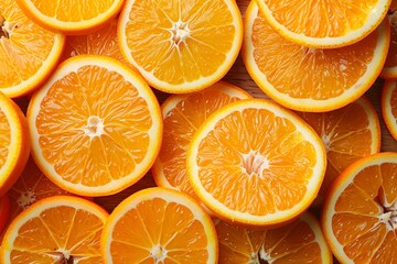 Close-up view of vibrant sliced oranges neatly arranged to fill the entire frame, highlighting juicy, fresh segments.