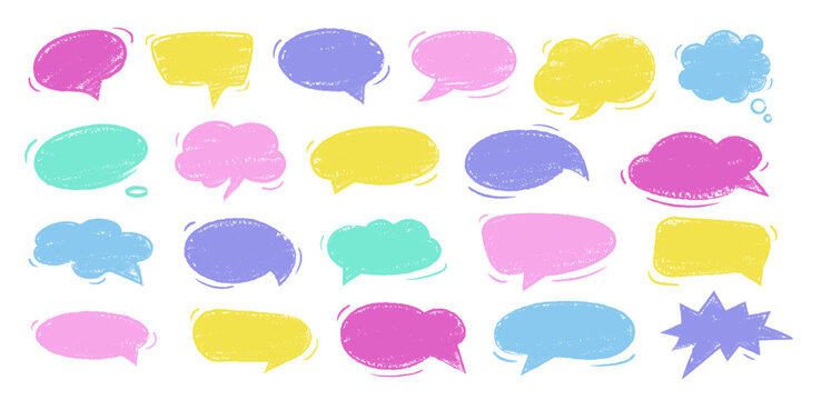 Empty colorful hand drawn grunge crayon, charcoal, chalk speech bubbles set in doodle style. Hand drawn crayon cloud message. Vector balloon speak sign dialog communication frame