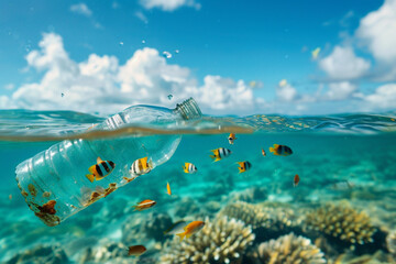 Plastic bottle with small tropic fishes inside floating under the seawater.