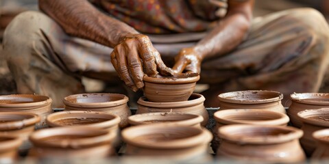 Indian potter making clay pots
