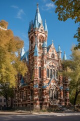 Fototapeta premium A beautiful church with blue accents and a blue sky in the background