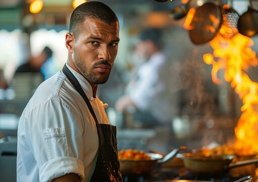 A chef is cooking in a kitchen.