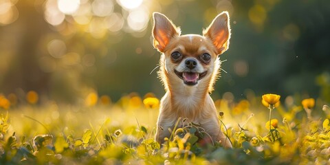 A cute chihuahua dog sitting in a field of yellow flowers