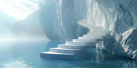 Marble stairs in water with large marble cliffs on either side