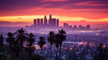 Palm Trees and Sunset Overlooking Los Angeles