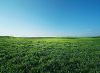 Vast green grassy field under blue sky