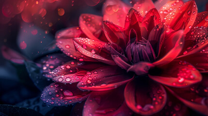 A close up of a red flower with water droplets on it