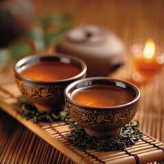 Two cups of tea on a bamboo mat with a lit candle in the background - obrazy, fototapety, plakaty