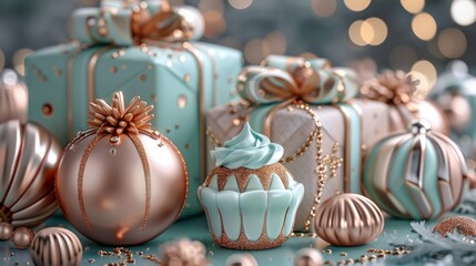 Elegant Holiday Celebration Decor with Turquoise Gift Boxes and Golden Ornaments.