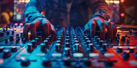 A DJ is mixing music on a professional sound mixer in a nightclub. - obrazy, fototapety, plakaty