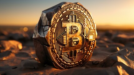A golden Bitcoin embedded in a rock in the desert - obrazy, fototapety, plakaty