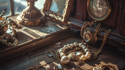 emphasize the timeless elegance of vintage accessories against a rich, wooden background under warm evening light