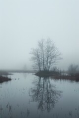 Small island in the middle of a lake on a foggy day