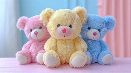   Three  bears sit together on a pink tablecloth-covered table A blue and pink wall forms the background