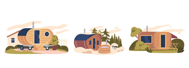 Wooden Barrel Baths Amid Serene Nature, Enveloped By Lush Landscapes, Under The Open Sky. Tranquil Oasis Of Relaxation