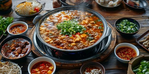 A table full of delicious Chinese food, including a hot pot, noodles, and dumplings