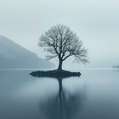 Tree in the middle of the lake with mountains in the background