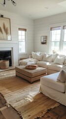 Bright and Airy Coastal Living Room With Fireplace