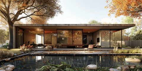 Modern House Exterior With Pool And Autumn Trees