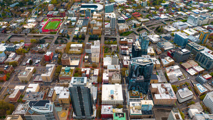 Downtown of Portland, Oregon, the USA with high-rise architecture. Twilight view of the city