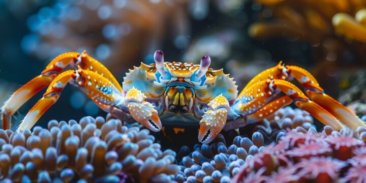 A brightly colored crab sits on a coral reef.