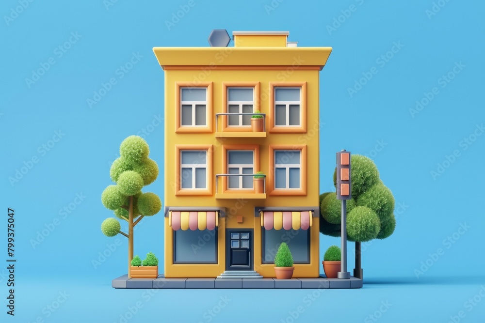 Poster a yellow building with a green tree in front of it