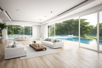 Modern style white house interior with wooden terrace 3d render decorated with white furniture There are large open sliding door Overlooking swimming pool and nature view