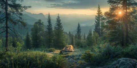 The tent is located in a beautiful forest with mountains in the background