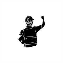 minimalist silhouette illustration of a construction worker. carrying puzzle pieces. wearing a helmet. for a labor day theme