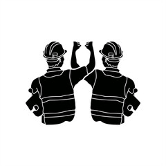 Minimalist silhouette illustration of construction workers linking hands. carrying puzzle pieces. wearing a helmet. for a labor day theme