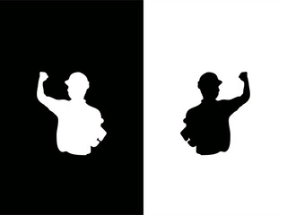 stamp silhouette illustration of a construction worker. carrying puzzle pieces. wearing a helmet. for a labor day theme. in high contrast cards