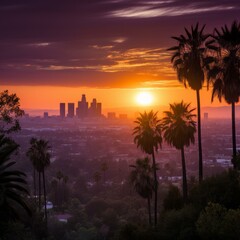 Palm trees and setting sun over Los Angeles skyline