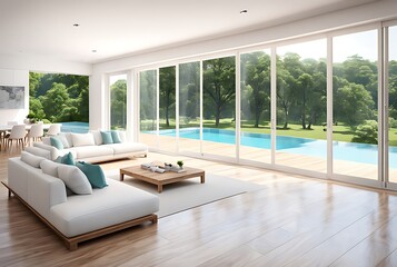 Modern style white house interior with wooden terrace 3d render decorated with white furniture There are large open sliding door Overlooking swimming pool and nature view