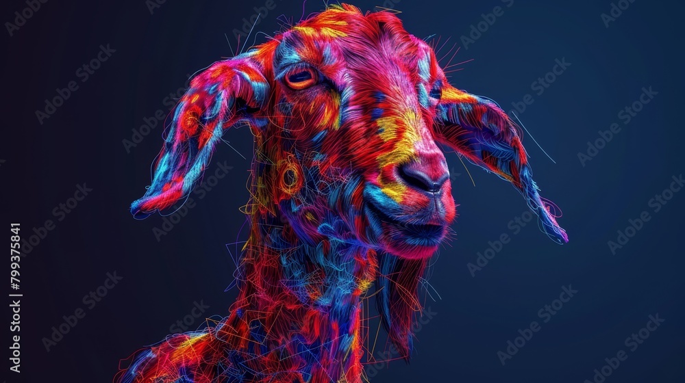 Poster a tight shot of a goat's face adorned with an intricate web of colored lines