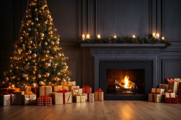 Christmas tree with presents in front of a fireplace