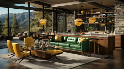 Modern living room interior with large windows and mountain views