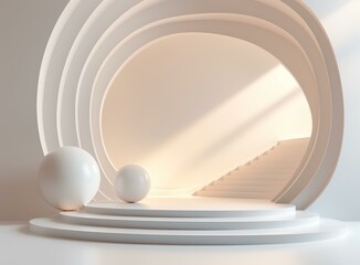 3D rendering of an empty stage with a staircase leading up to it