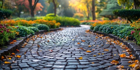 Stone path in the park with autumn leaves