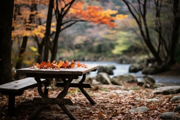 Wooden table and bench in the middle of a forest with a small river flowing in the background