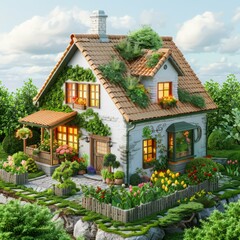 Fototapeta na wymiar Charming cottage with lush garden and flowers