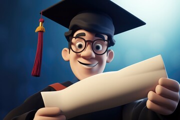 Smiling cartoon student wearing glasses, gown and graduation cap holding diploma