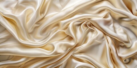 Close-up of a luxurious beige silk fabric with soft waves and folds