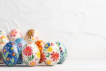 Easter eggs are hand painted with a floral pattern on a white background